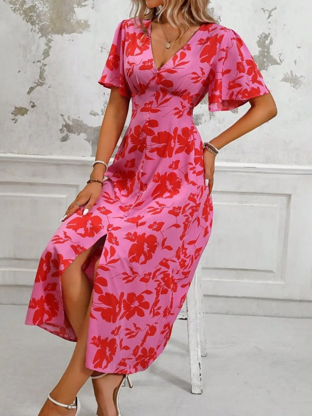 Pink Boho Women's Plant Print V-Neck Short Sleeve Maxi Dress with Side Slit - Picture 7 of 7